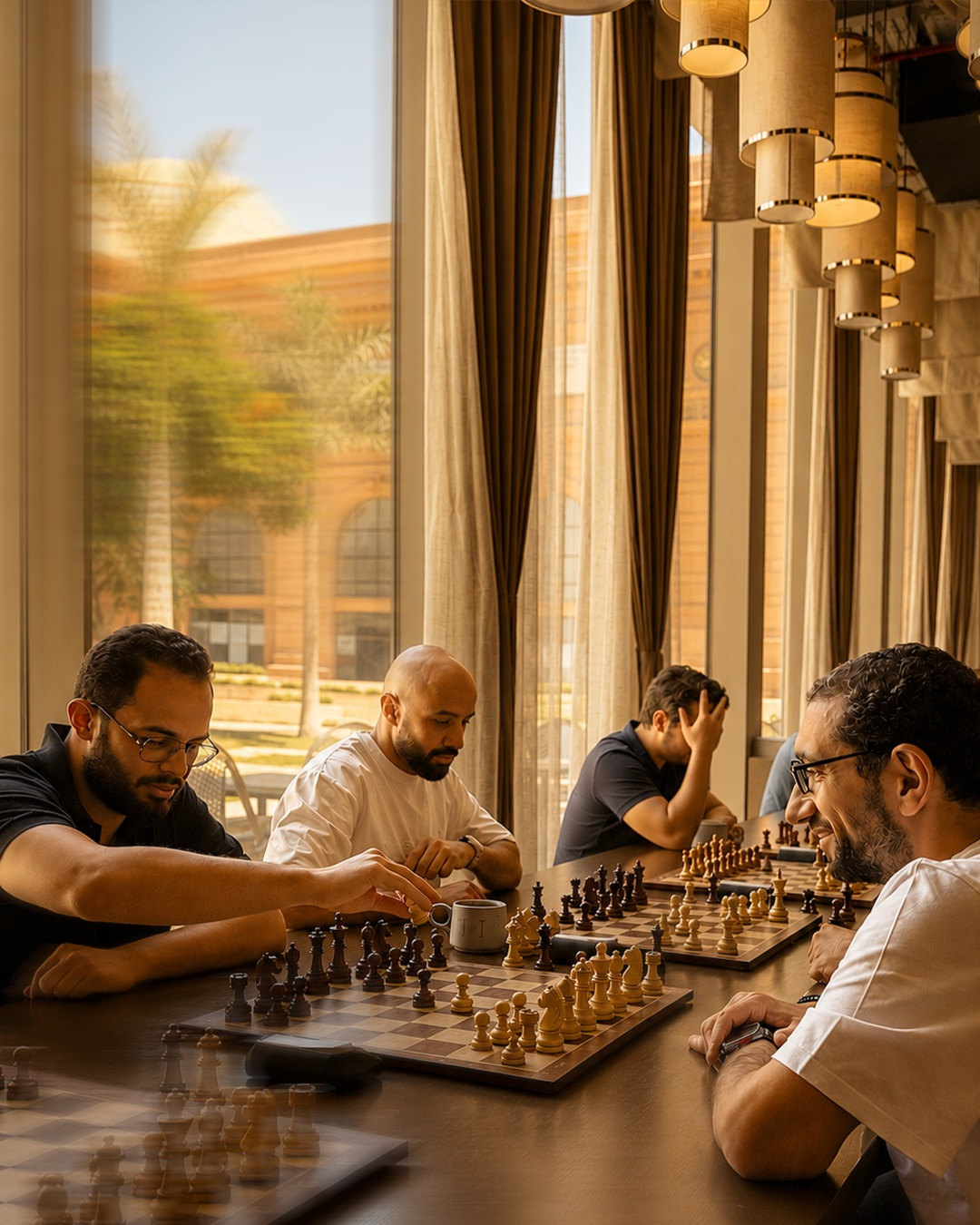 Players around a long table at an X Chess Club gathering